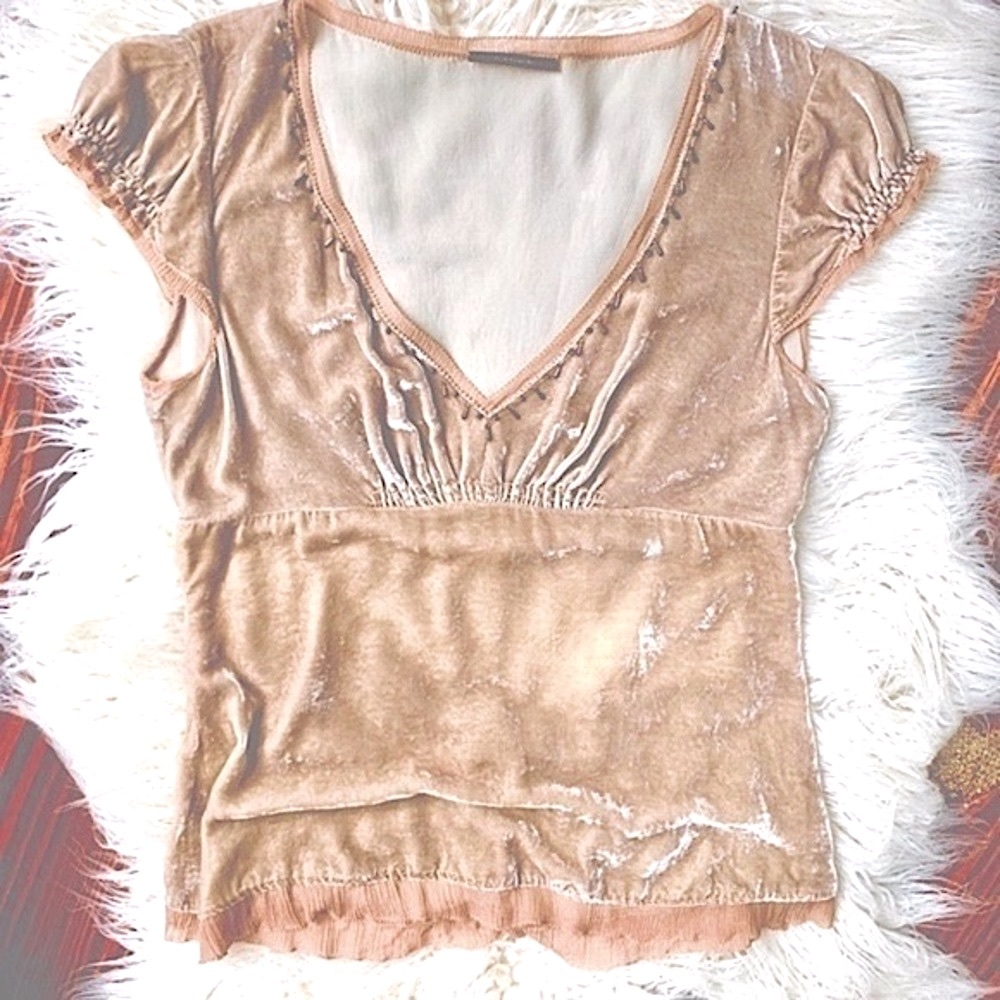Elie Tahari Crushed velvet taupe beaded v-neck ruffle detailed blouse Sz Small